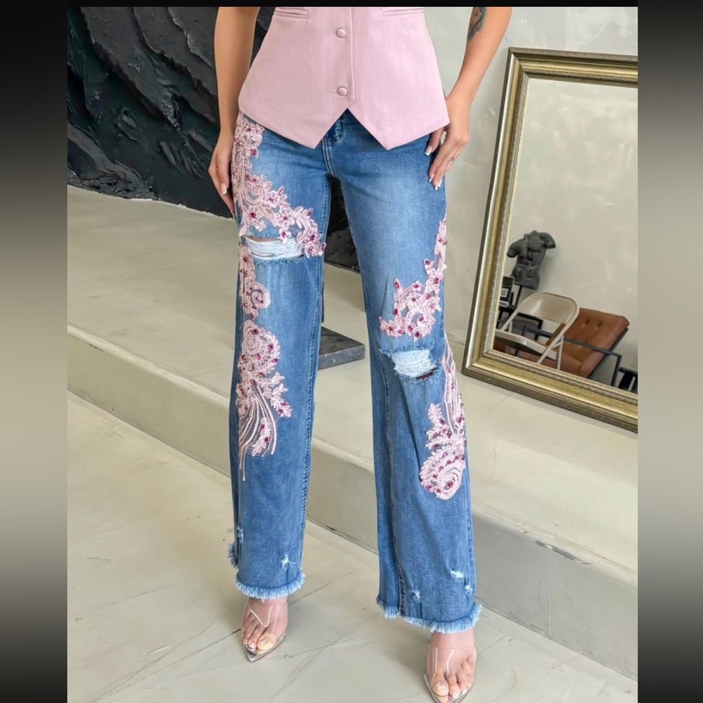 ShopEvelynne Pink Top and Blue Flare Jeans